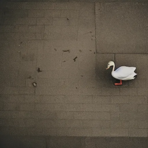 Image similar to A duck staring at a homeless person, cinematic, professional photography, taken from above