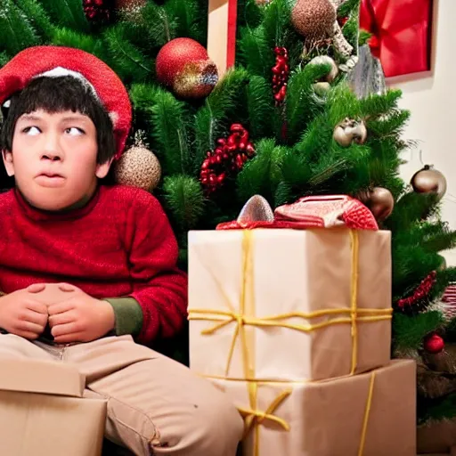 Image similar to a kid at christmas disappointed and sad looking a giant moai statue, his hands buried in his face, sitting down. | inside of a house next to a christmas tree, large opened present box next to the moai