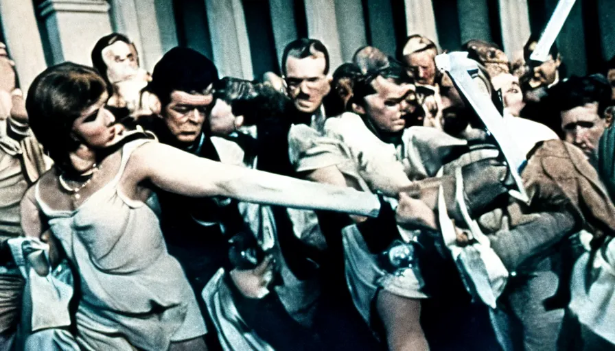 Image similar to 1 9 6 0 s movie still of caligula knifed to death by senators, cinestill 8 0 0 t 3 5 mm, high quality, heavy grain, high detail, dramatic light, ultra wide lens, anamorphic
