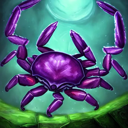 Image similar to violet fantasy crab scorpion hybrid, graveyard background, hearthstone coloring style, epic fantasy style art, fantasy epic digital art