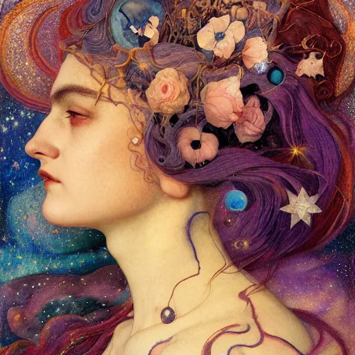 Image similar to queen of the moon with stars in her hair, by annie swynnerton and tino rodriguez and nicholas roerich and lucien freud and jean delville and tom bagshaw, dramatic lighting, floral tattoos, rich colors, smooth sharp focus, extremely detailed, adolf wolfli