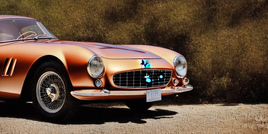 Image similar to photograph, 1958 FERRARI 250 GT, copper paint, by Peter Singhof, press release, cinematic, malibu canyon, 8k, depth of field, bokeh. rule of thirds