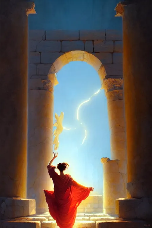 Prompt: high detail portrait, screaming woman wearing ancient greek yellow paper tunic, hands in air, stephen bliss, fantasy art by greg rutkowski, rhads, ferdinand knab, makoto shinkai and lois van baarle, global illumination, radiant light, ancient greek temple ruins, red and blue color theme