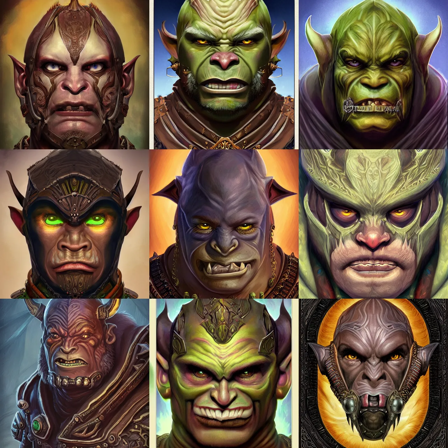 Prompt: head-on symmetrical centered painted portrait, Warcraft male orc goblin rogue, leather armour, art nouveau, fractal tarot card style, masterpiece, fantasy, intricate, elegant, highly detailed, smooth, sharp focus, illustration, artstation, in the style of Artgerm and Anna Podedworna and Alex Ross and Mucha