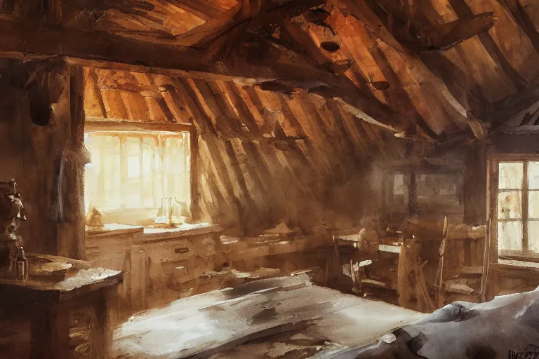 Prompt: paint brush strokes, abstract watercolor painting of rustic village house, interior closeup, medieval straw roof, scandinavian viking age, fog, ambient lighting, art by hans dahl, by jesper ejsing, art by anders zorn, wonderful masterpiece by greg rutkowski, cinematic light, american romanticism by greg manchess, creation by tyler edlin