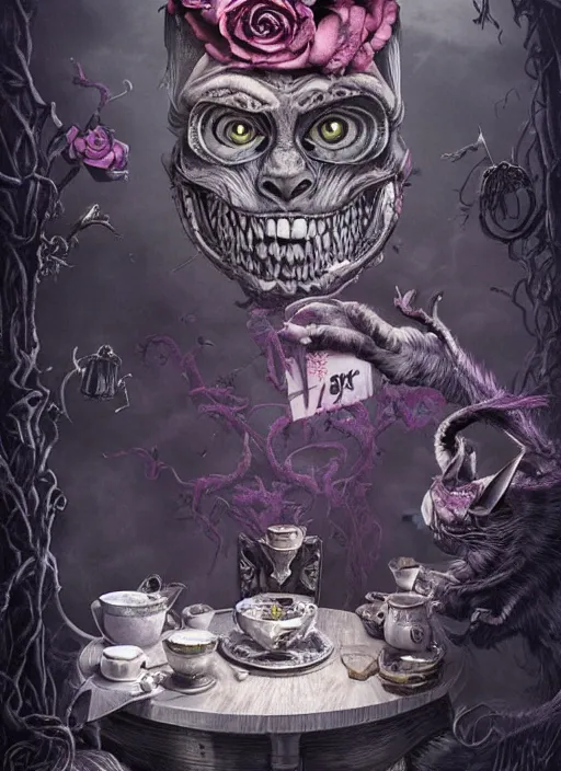 Image similar to Cheshire Cat drinking tea with Mad hatter, death tarot card,highly detailed,half skull face,cinematic,8k,by Stanley Artgermm,Tom Bagshaw,Greg Rutkowski,Carne Griffiths, Ayami Kojima, Beksinski, Giger,trending on DeviantArt,hyper detailed,horror, full of colour