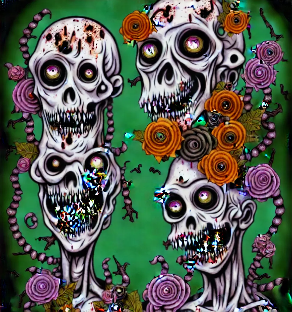 Image similar to zombie, punk rock, young male, grotesque, grotto, multicolored faces, fruit and flowers, gemstones for eyes, botanical, vanitas, sculptural, cartoon style, baroque, rococo, intricate detail, spiral, ornamental, kaleidoscopic, soft, atmospheric