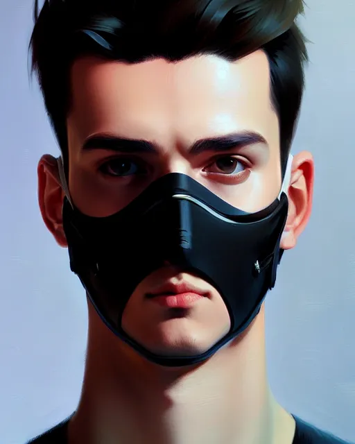 Image similar to a ultradetailed beautiful panting of a european young man wearing black medical mask, by ilya kuvshinov, greg rutkowski and makoto shinkai, trending on artstation