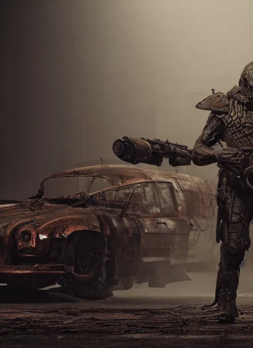 Image similar to a photorealistic dramatic hyperrealistic render of predator, ultra realistic details, well worn, rust, oil stains by vitaly bulgarov and mike nash, beautiful dramatic dark moody tones and lighting, cinematic atmosphere, studio lighting, global illumination, shadows, dark background, octane render, 8 k