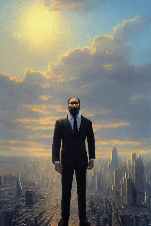 Prompt: portrait of terrified ape face wearing formal suit, failing over skyscraper, 8k hyper realistic, sunset, volumetric rays, fine art, artstation, matte painting, masterpiece by vasnetsov