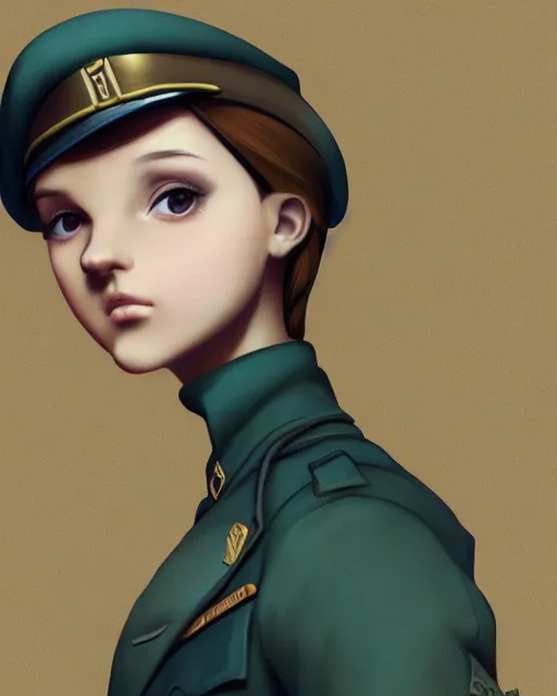 Image similar to portrait bust of young woman with shoulder length light brown hair and hazel eyes dressed in a sharp dark teal military uniform and beret, anime, ilya kuvshinov, greg rutkowski, ross tran, concept art, digital painting