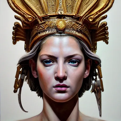 Image similar to hyperrealistic mixed media painting of beautiful goddess Athena, stunning 3d render inspired art by P. Craig Russell and Barry Windsor-Smith, perfect facial symmetry, dim volumetric lighting, 8k octane beautifully detailed render, post-processing, portrait, extremely hyper-detailed, intricate, epic composition, brown eyes, realistic eyes, correct!!! eyes, cinematic lighting, masterpiece, trending on artstation, very very detailed, masterpiece, stunning