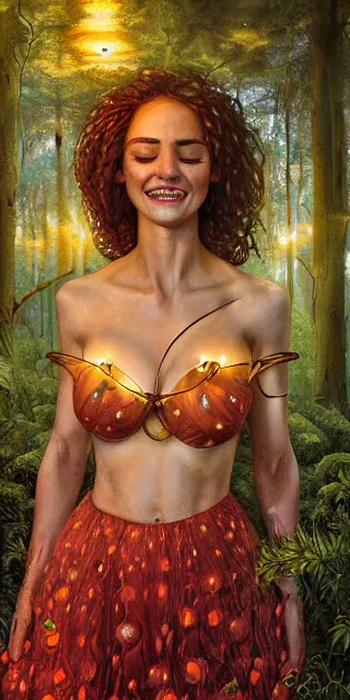 Image similar to fit woman, serene smile surrounded by golden firefly lights, amidst nature fully covered by a intricate detailed dress, long red hair, precise linework, accurate green eyes, small nose with freckles, smooth oval shape face, empathic, expressive emotions, spiritual scene, hyper realistic ultrafine art by artemisia gentileschi, jessica rossier, boris vallejo