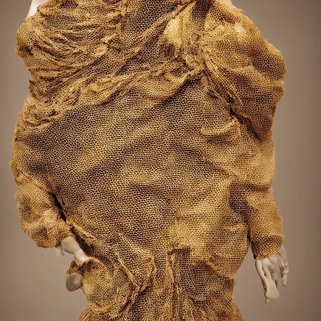 Image similar to a beautiful dress made of a real bee hive, on a mannequin. high resolution, studio lighting, closeup