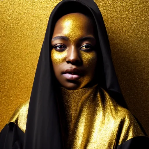 Image similar to a portrait of a young black woman wearing a long dark cloak, hood and shadows covering face, wearing shiny gold, oil painting, matte painting, black background, Volumetric Golden dappled dynamic lighting, Highly Detailed, Cinematic Lighting, Unreal Engine, 8k, HD, by Beksinski