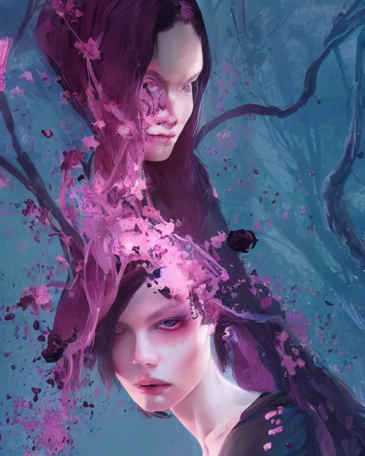 Image similar to a highly detailed digital art of A beautiful woman, with medium length magenta hair covering an eye, and a tall tree, and large obsidian crystals, cinematic lighting, dramatic atmosphere, by Dustin Nguyen, Akihiko Yoshida, Greg Tocchini, Greg Rutkowski, Cliff Chiang, 4k resolution, trending on artstation