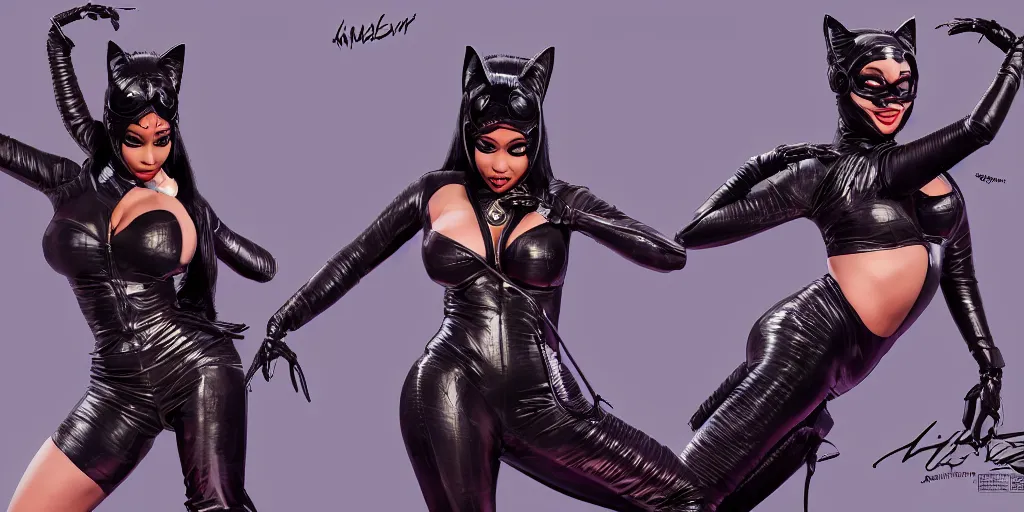 Image similar to nicki minaj as catwoman, character sheet, concept design, contrast, hot toys, kim jung gi, greg rutkowski, zabrocki, karlkka, jayison devadas, trending on artstation, 8 k, ultra wide angle, pincushion lens effect