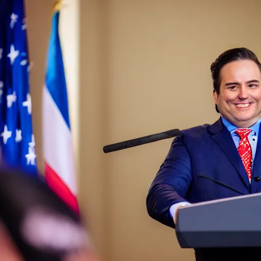 Image similar to a fox animal dressed in a suit giving a presidential press conference, 8 5 mm f / 1. 4