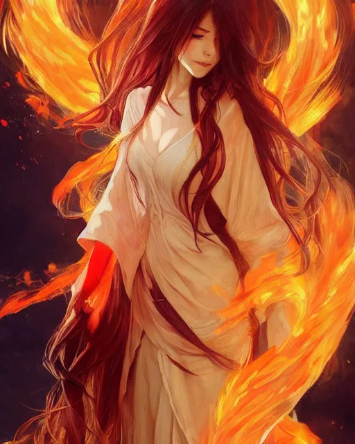 Image similar to beautiful long haired anime girl, fire dress, portrait, flames everywhere, highly detailed, digital painting, artstation, concept art, smooth, sharp focus, illustration, art by artgerm and greg rutkowski and alphonse mucha