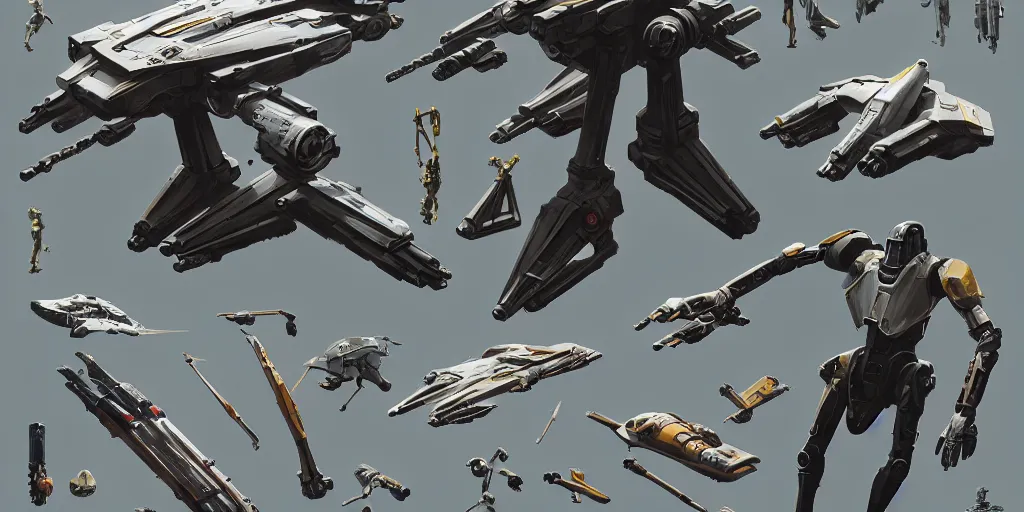 Image similar to futuristic sci - fi props and gadget, hard surface, collection, kitbash, parts, shape and form, in watercolor gouache detailed paintings, star citizen, modular, pieces, golden ratio, mobius, weapon, guns, destiny, big medium small, insanely details, wes anderson, bungie, star wars, by makoto shinkai, ghibli