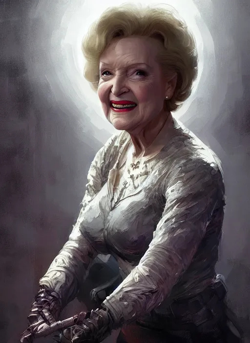 Image similar to Portrait of Betty White, marvel comics, dark, intricate, highly detailed, smooth, artstation, digital illustration by Ruan Jia and Mandy Jurgens and Artgerm and Wayne Barlowe and Greg Rutkowski and Frank Frazetta