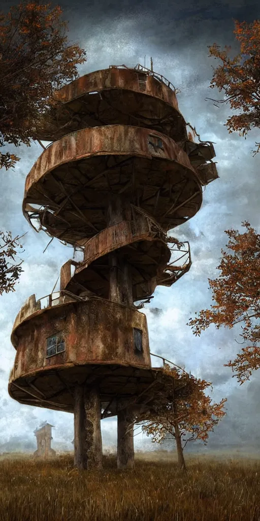 Image similar to tree house on a rusty broken building constructions of a giant upside - down spiral edgy staircase, leading to the sky, the ruins, in the steppe, autumn field, misty background, from the game pathologic 2, highly detailed, sharp focus, matte painting, by isaac levitan and asher brown durand,