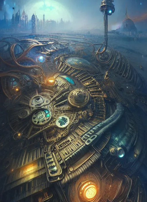 Image similar to hyper detailed ultra sharp of a magicpunk steampunk sci - fi overcrowded flying island city trending on artstation, warpaint aesthetic, earthwave, colorful, psychedelic, ornate, intricate, digital painting, concept art, smooth, sharp focus, illustration, art by artgerm and greg rutkowski and h. r. giger, 8 k