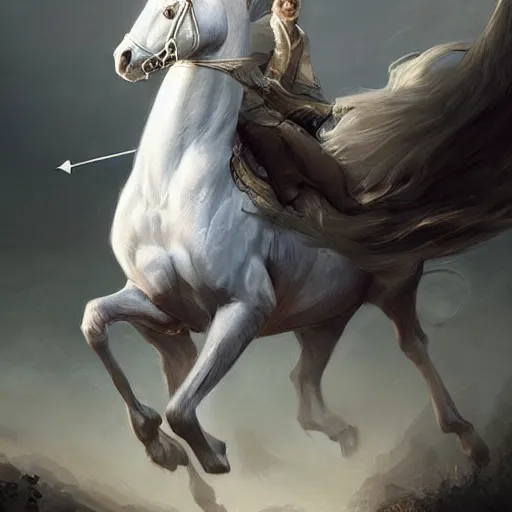 Image similar to a white horse The one who rode him carried arrows and a bow in his hand, and they gave him a crown, digital Art, Greg rutkowski Trending artstation