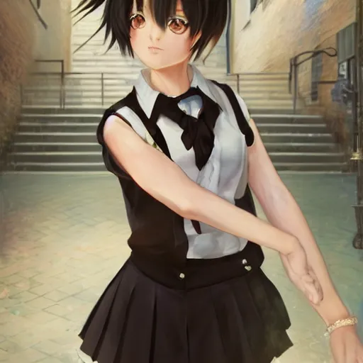 Image similar to luxury advertisement, astonishing portrait of a very beautiful anime schoolgirl with black bob hair, full perfect face, she is dancing. Realistic, highly detailed background, artstation, 120 degree view, drawn by Sasoura, Satchely and Akihiko Yoshida, no distortion