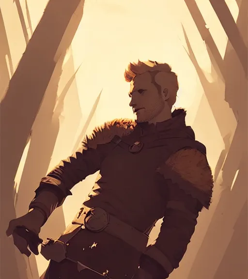 Image similar to portrait of cullen from dragon age near campfire by atey ghailan, by greg rutkowski, by greg tocchini, by james gilleard, by joe fenton, by kaethe butcher, dynamic lighting, gradient light blue, brown, blonde cream and white color scheme, grunge aesthetic