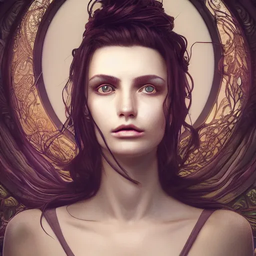 Image similar to realistic woman, top model, 3D model, hyper realistic, octane render, cinematic, unreal engine 5,golden ratio, curved lines, Peter Mohrbacher, Marc Simonetti floral-pattern vintage, dramatic lighting shadows, detailed illustration, Dan Mumford, Alphonse mucha, hyper realistic, photorealistic, extremely detailed fur, octane render, 8k, intricate details