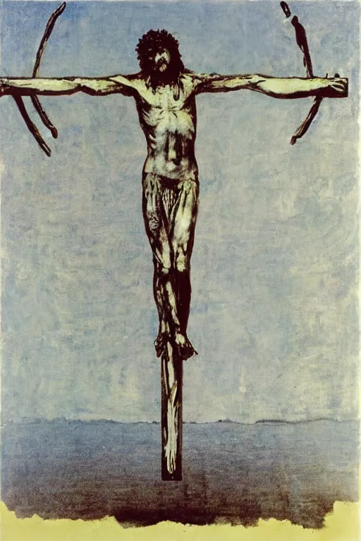 Image similar to bloody christ crucified and huge ufo of light in the sky painted by cy twombly and andy warhol