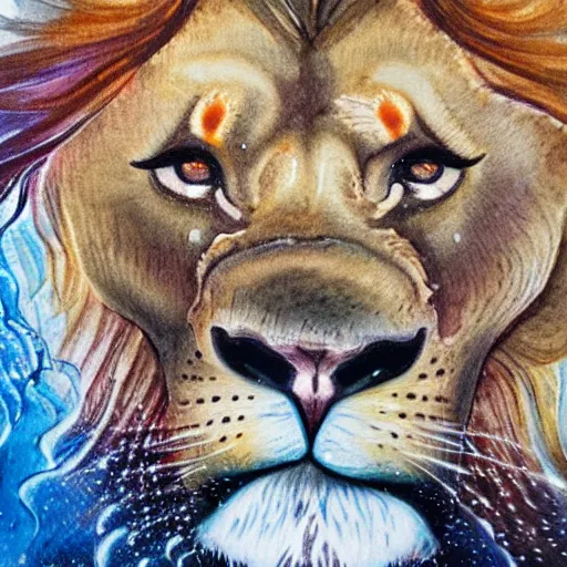 Image similar to a male lion's face breaching through a wall of water, water sprites, splashing, deep blue water color, highly detailed