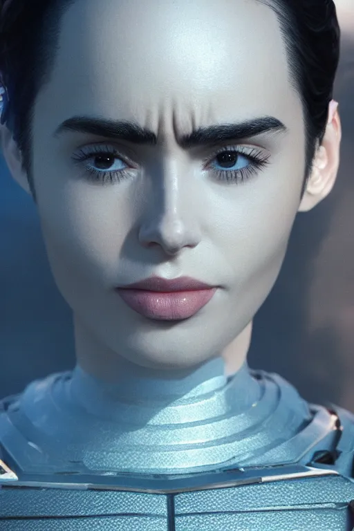 Image similar to a fancy close up of Man of Steel cast as Lily Collins, full body suit by Greg Rutkowski, Sung Choi, Mitchell Mohrhauser, Maciej Kuciara, Johnson Ting, Maxim Verehin, Peter Konig, 8k photorealistic, cinematic lighting, HD, high details, dramatic, trending on artstation, full body shot