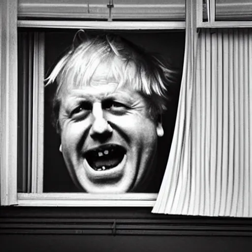 Image similar to a photo taken from the inside of an old house, showing window blinds being pulled back to reveal a terrifying boris johnson with his unhinged face pressed against the window, boris ’ hand placed on the window, horrifying grin. horror, raining, night time