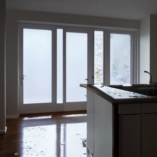 Prompt: frosted over kitchen with volumetric sunlight from window from above