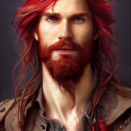 Image similar to portrait of a young ruggedly handsome but joyful pirate, male, masculine, upper body, red crimson hair, long long flowing hair, fantasy, smug smirk, intricate, elegant, highly detailed, digital painting, artstation, concept art, matte, sharp focus, illustration, art by artgerm and greg rutkowski and alphonse mucha