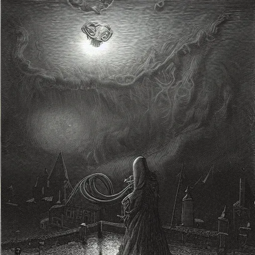 Image similar to Innsmouth, H.P. Lovecraft, dark clouds, dark, eerie, dystopian, city, eldritch, illustration by Gustave Doré