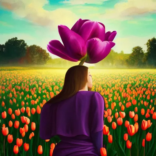 Image similar to large tulip face, girl frontal in a flower field, surreal photography, sunrise dramatic light, impressionist painting, colorful clouds, digital painting, artstation, simon stalenhag, flower face