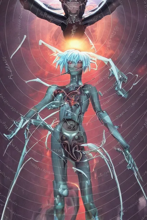 Image similar to Female Anime Character rei ayanami cyborg in the center giygas epcotinside a space station eye of providence Beksinski Finnian vivid HR Giger to eye hellscape mind character Environmental