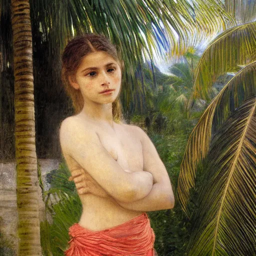 Image similar to a ultradetailed beautiful painting of a girl in the amazonas palace balustrade designed by jules bastien - lepage, hans belmer, frank weston and gustave baumann, beach, trending on artstation, mediterranean, palm trees, detailed face, sharp focus, soft light, 8 k 4 k