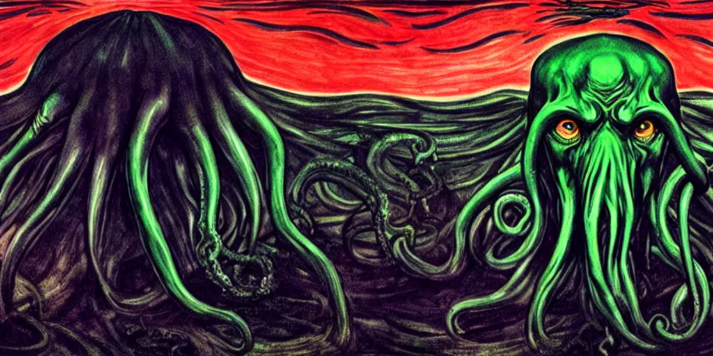 Image similar to digital art, portrait of a cthulhu, horror, gigantic, scary, graphic novel, cool light, wide angle lens, edvard munch