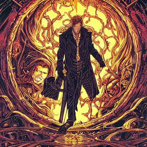 Image similar to portrait of john constantine in hell, symmetrical, by yoichi hatakenaka, masamune shirow, josan gonzales and dan mumford, ayami kojima, takato yamamoto, barclay shaw, karol bak, yukito kishiro