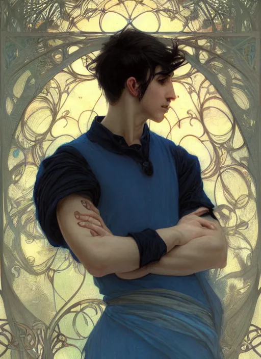 Image similar to handsome young man with short black hair, male, dressed in blue, looking down, half body shot, arms down, path traced, highly detailed, high quality, digital painting, bastien lecouffe - deharme, alphonse mucha, art nouveau, posuka demizu