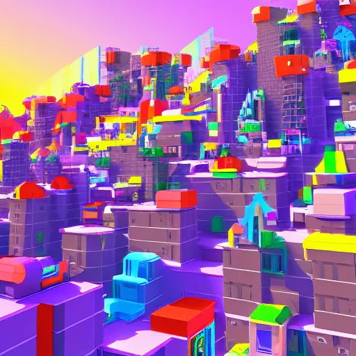 Image similar to futuristic city on a mountainside, colorful city, q - bert blocks, colorful blocks on hillside, 3 d blocks, cel - shading, cel - shaded, 2 0 0 1 anime, bright sunshine