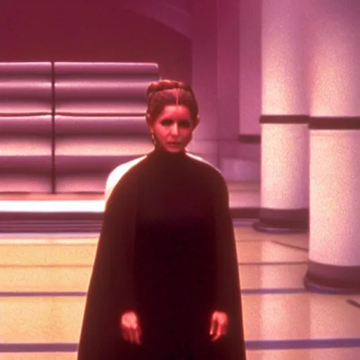 Image similar to a full color still of Carrie Fisher as Leia Organa as a regal Senator in the Galactic Senate, cinematic lighting, 1999, directed by Steven Spielberg, 35mm