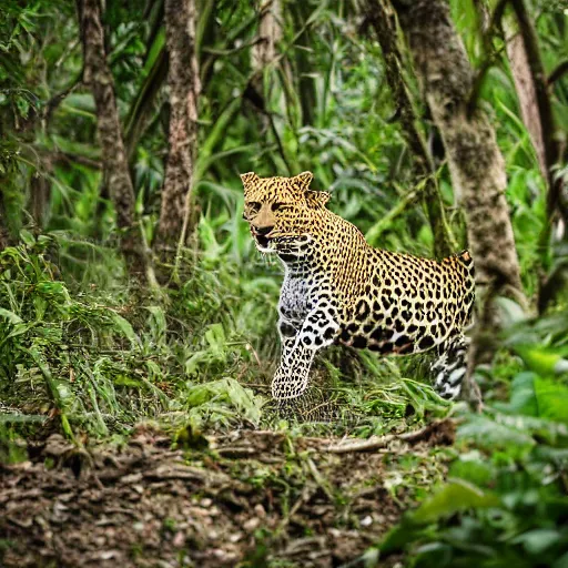 Prompt: A Leopard hunting in the jungle, Canon EOS R3, f/1.4, ISO 200, 1/160s, 8K, RAW, unedited, symmetrical balance, in-frame,