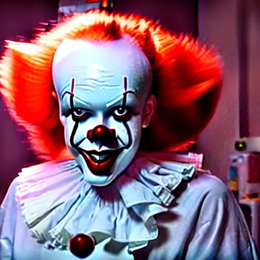 Image similar to a photograph of pennywise wearing a doctor's gown in a hospital, with a lab coat, with a stethoscope, hyperdetailed, intricate, dramatic, horror movie, movie still, 4 k realistic, volumetric lighting, sharp focus, american shot