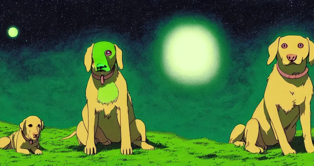 Prompt: green dogs with three eyes that are a genetic mix of grass and labrador retriever with shaggy green fur howl at the alien moons from the grassy cliff, dog with 3 eyes, yellow glowing eye in the middle of the dog's forehead, colorful, deep shadows, astrophotography, very detailed, prophet graphic novel, cinematic studio ghibli still, ilya