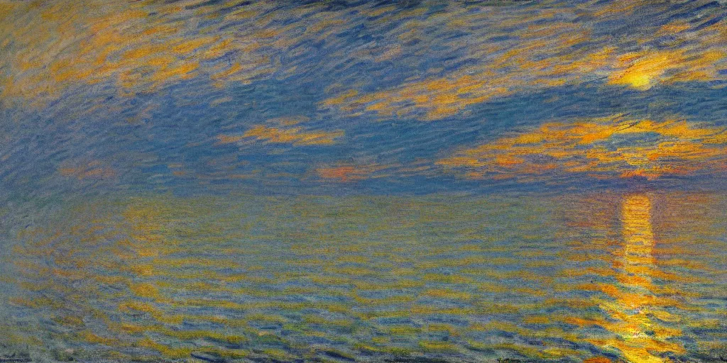 Prompt: An aesthetically pleasing, dynamic, energetic, lively, well-designed digital art of a sunset, light and shadow, caustics, by Claude Monet, superior quality, masterpiece, excellent use of negative space.